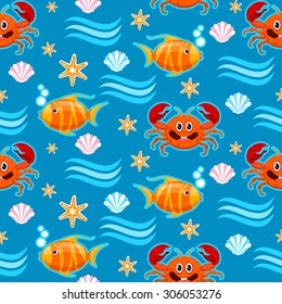 Seamless sea life pattern with cartoon crab, goldfish, seashell and starfish