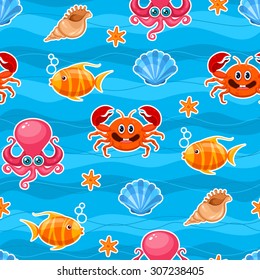 Seamless sea life pattern with cartoon characters