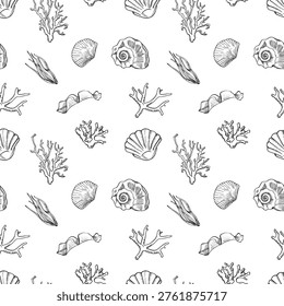 Seamless Sea life pattern with corals and seashells