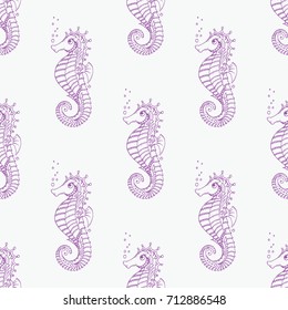 Seamless sea life pattern with seahorse. Ball pen drawing