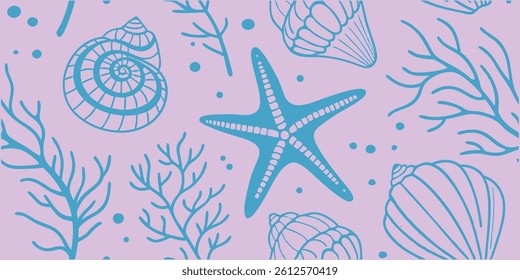 Seamless Sea Life Pattern Starfish, Shells, Coral Ocean Doodle Background
