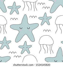 Seamless sea life pattern. Vector illustrations for printing on t-shirts, postcards, pictures, fabric, dishes, packaging paper. Cute baby background.