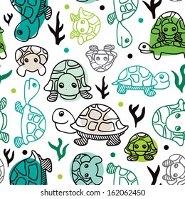 Seamless sea life turtle illustration doodle background pattern in vector