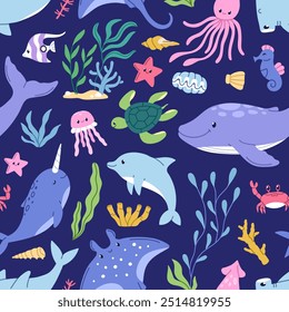 Seamless sea marine pattern, cute underwater animals, fishes and plants. Ocean, endless undersea texture design. Repeating print for fabric, wallpaper and wrapping. Colored flat vector illustration