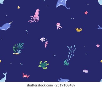 Seamless sea marine pattern with cute underwater animals and plants. Ocean under water, endless background, repeating print for fabric, textile, wallpaper, wrapping design. Flat vector illustration