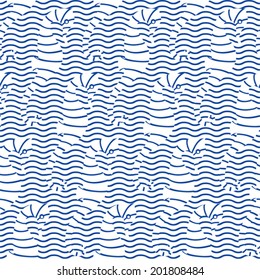 Seamless sea monochrome pattern. Vector ornament with seahorses on wave background. Marine texture.