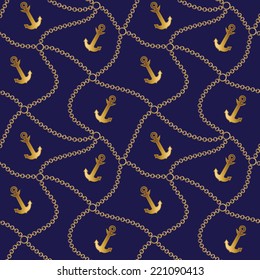 Seamless sea pattern with anchor and chain. Nautical backgrounds with gold anchors and chains .Marine theme. Happy vacation time on the sea .Vector illustration