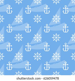 Seamless sea pattern of anchor, handweel and sailboat shape. Vector illustration