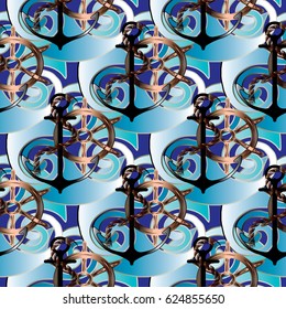 Seamless sea pattern of anchors and steering wheels nautical vector illustration wallpaper. Blue marine background with waves and modern ornaments. Luxury texture for fabric, print, bed linen, cloth