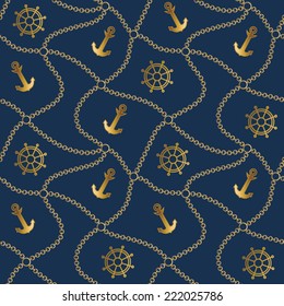 Seamless sea pattern with anchor,wheel,chain. Nautical backgrounds with gold anchors,wheel, chains .Marine theme. Happy vacation time on the sea .Vector illustration