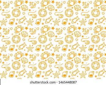Seamless sea pattern. Background of marine elements: shell, crab, anchor, fish.