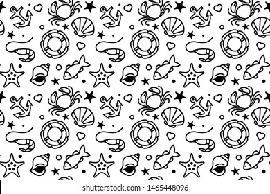 Seamless sea pattern. Background of marine elements: shell, crab, anchor, fish.