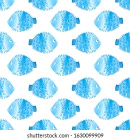 Seamless sea pattern with blue cartoon watercolor fish.
