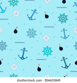 Seamless sea pattern. Blue hues. Anchor, steering wheel, compass, bubble, wave, bomb. Children design.