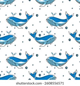 Seamless sea pattern. Blue whale and water bubbles on white background in doodle style. Vector.
