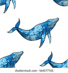 Seamless sea pattern with blue whales.