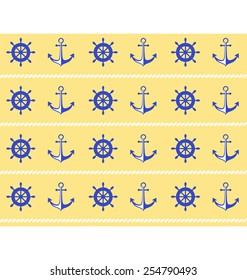 Seamless sea pattern. Blue wheel and stern anchor on yellow background