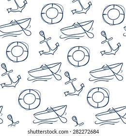 Seamless sea pattern: boat, anchor, lifebuoy. Cute nautical background. Marine life Background Collection.