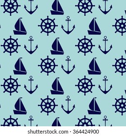 Seamless sea pattern with boat, anchor and wheel.