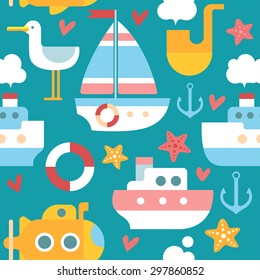 Seamless sea pattern with boats. Ships on a green background. Steamship, sailboat, yellow submarine, anchor, life buoy, Seagull, starfish, sea.