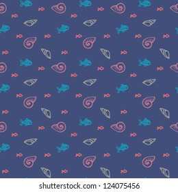 seamless sea pattern. Bright blue background with corals, fishes and shells deep underwater. vector illustration with concept of seaside resort, vacation, diving. Texture for print, wallpaper, textile