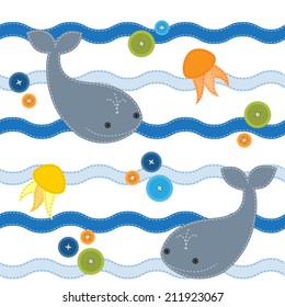 Seamless sea pattern with buttons, whales and jellyfishes