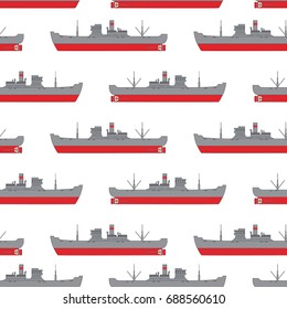 Seamless sea pattern with the cargo steamships shipping delivering goods.Freight boat.Nautical pattern.Concept packing paper a background of the website or a banner.illustration in flat style a vector