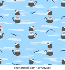 Seamless sea pattern with cartoon cat Sailor and seagulls. Vector marine background for kids