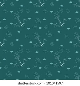 Seamless sea pattern in cartoon style with anchor and fish