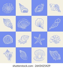 Seamless Sea Pattern. Checkered pattern with pen drawn doodle shells. Minimalistic fabric swatch, template for wrapping