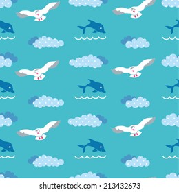 Seamless sea pattern with clouds, dolphins and seagulls in vector 