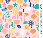 Seamless sea pattern with colorful corals, seashells and star fishes. 