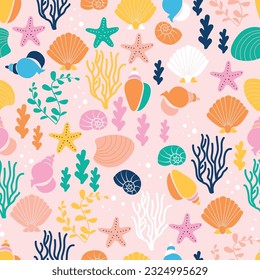 Seamless sea pattern with colorful corals, seashells and star fishes. 