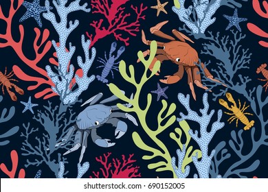 Seamless sea pattern with colorful corals,crabs and lobsters.Vector summer background. Nautical textile texture