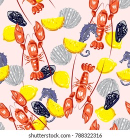Seamless sea pattern with colorful summer shell and lobsters.Colorful summer lemons and seahorse vector background.Textile texture on light pink background.