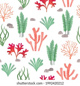 Seamless sea pattern with corals and seaweeds. Underwater algae. Vector watercolor marine illustration.