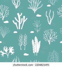 Seamless sea pattern with corals and seaweeds. Underwater algae. Vector marine illustration.