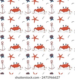 Seamless sea pattern. Crab, anchor, seashells, seagulls. Doodle style pattern. Vector.