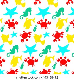 Seamless sea pattern: crab, seahorse, fish, starfish. Cute nautical background. The background collection of marine life. Baby shower