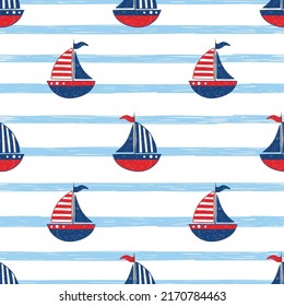 Seamless sea pattern with cute cartoon sailing boats. Vector marine illustration.