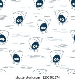 Seamless sea pattern with cute crab. Vector background.