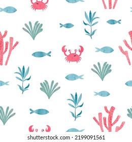 Seamless sea pattern with cute crabs, fish and seaweeds. Vector watercolor ocean illustration. Underwater life.