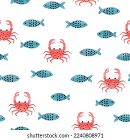 Seamless sea pattern with cute crabs and fish. Vector watercolor ocean illustration.