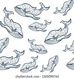 Seamless sea pattern with cute funny whales. Hand drawn ink brush mammal animal character. Engraving style sketch vector illustration.  Summer marina background. Childish texture for fabric, textile