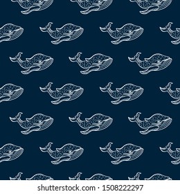 Seamless sea pattern with cute funny whales.Hand drawn ink brush mammal marina animal character.Engraving style sketch vector illustration.White on blue. Childish background texture for fabric,textile