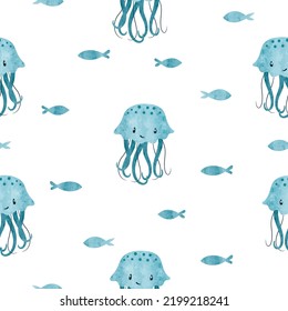 Patrón marino sin foco con medusas bonitas. Huella marina de acuarela vectorial.