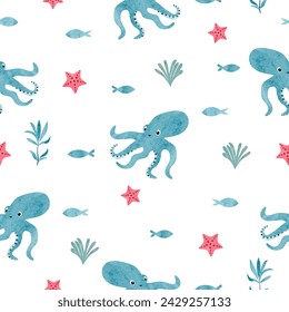 Seamless sea pattern with cute octopus, fish and seaweeds. Vector watercolor ocean illustration