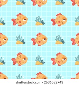 Padrão do mar sem costura. Bonito tropical Cartoon pequeno peixe e algas vegetais em xadrez luz azul fundo. Ilustração de vetor. Coleção Kids