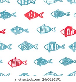 Seamless sea pattern with cute watercolor fish. Marine vector illustration