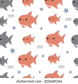 Seamless sea pattern with cute whales. Sea life. Vector Illustration
